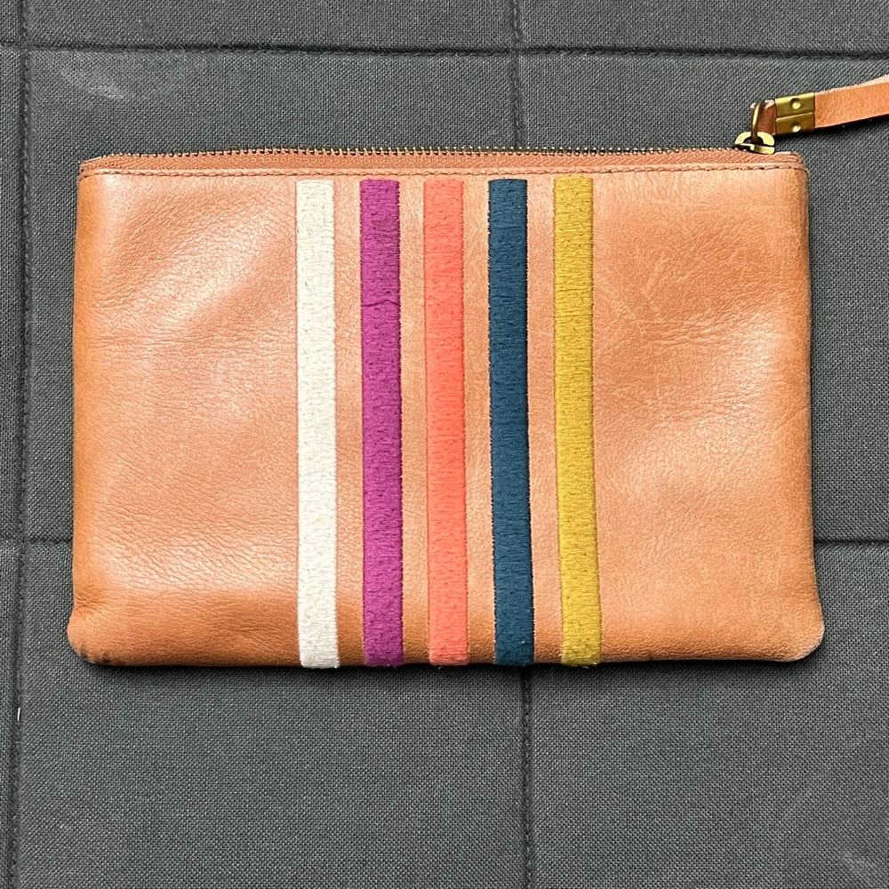 Madewell The Leather Pouch Clutch: Embroidered Rainbow Stripes Edition